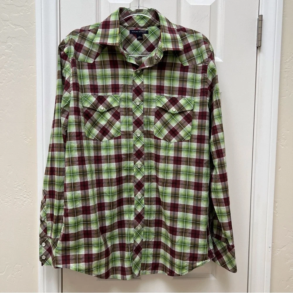 Banana Republic Green Brown Plaid Western Pearl Snap Shirt Boho Cowboy Grunge